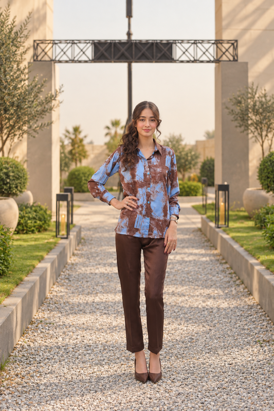 Blue & Chocolate Brown Printed Silk - 2 Piece & 3 Piece Ready to wear Silk Suit