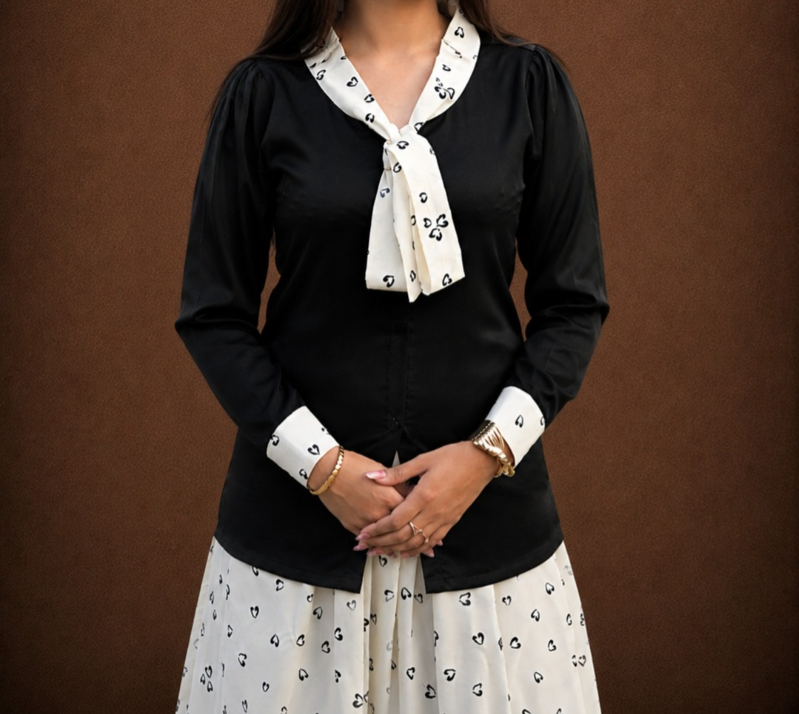 Black & White Silk Shirt with Skirt & Lace Border - 2 Piece Ready to wear Silk Suit