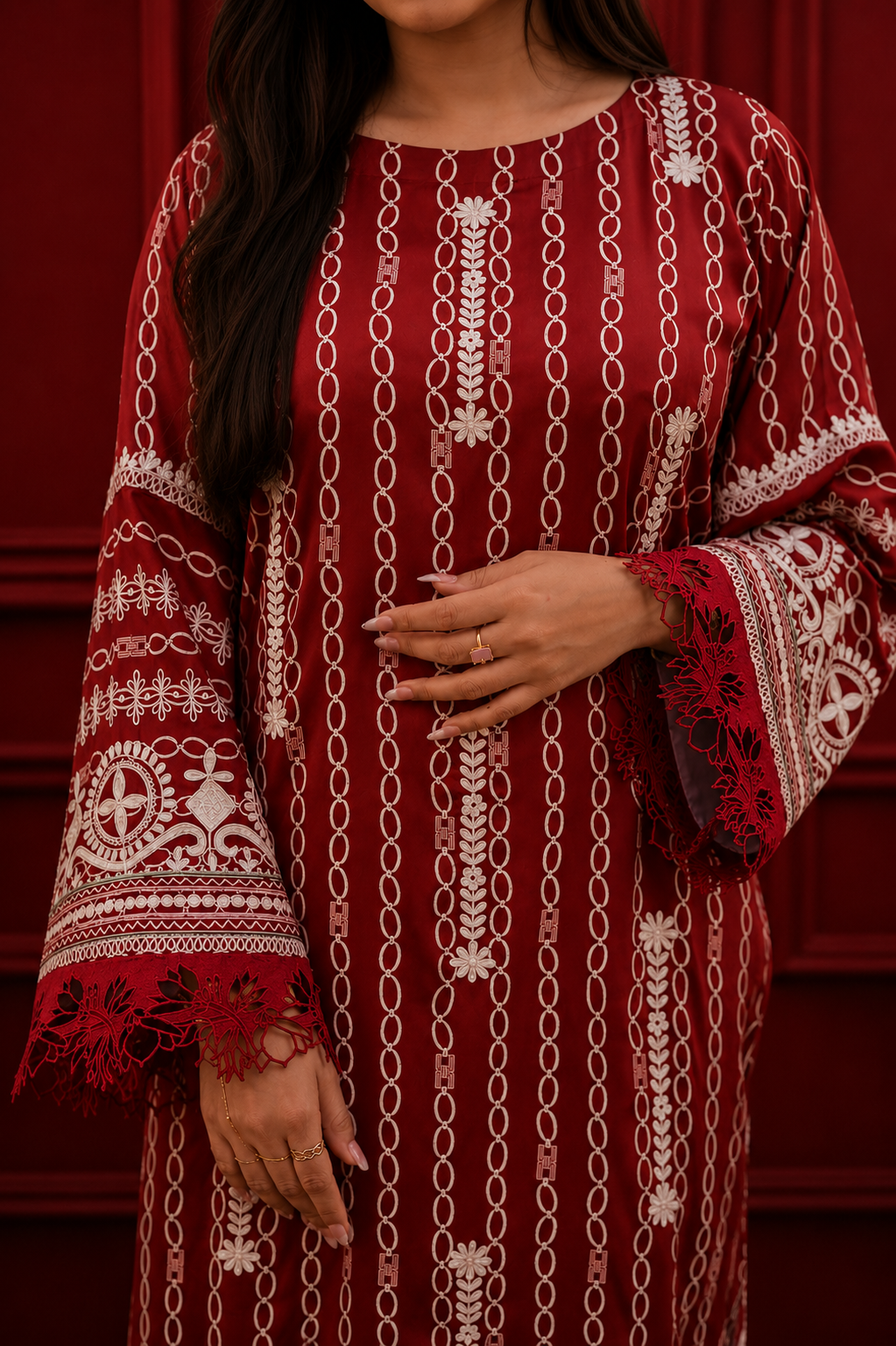Deep Red Premium Embroidered - 2 Piece Ready to wear Silk Suit