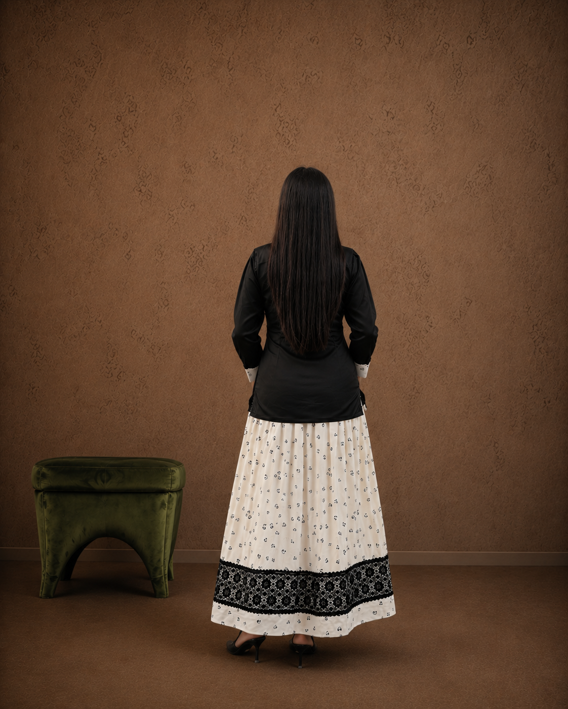 Black & White Silk Shirt with Skirt & Lace Border - 2 Piece Ready to wear Silk Suit