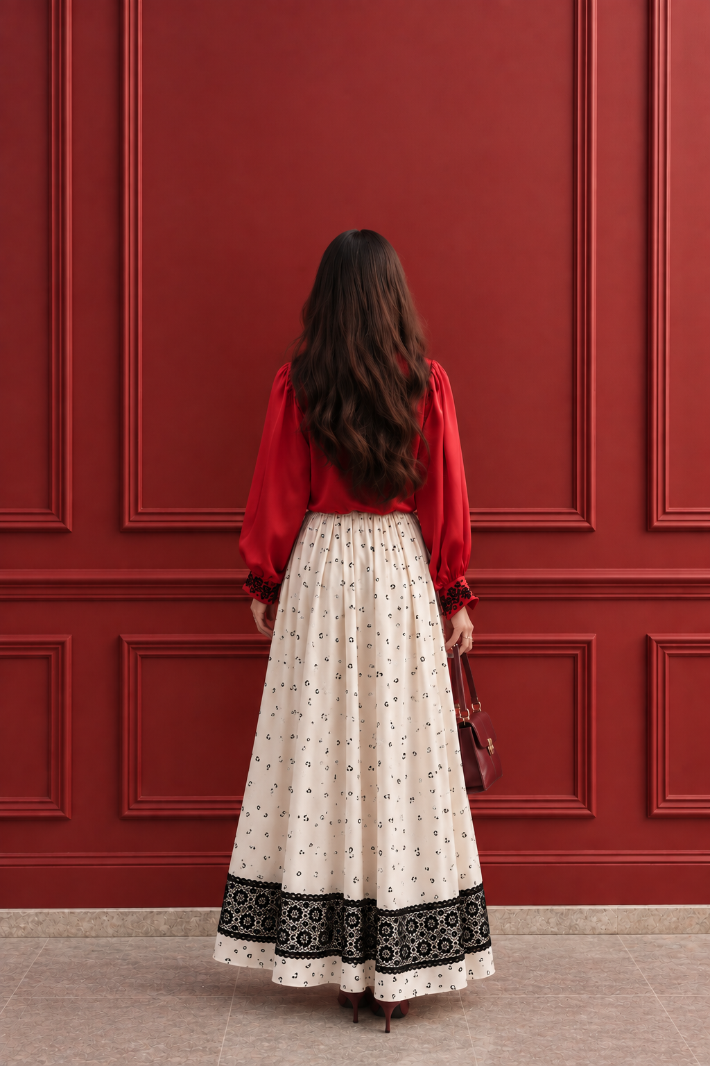 Red Silk Shirt with Skirt & Lace Border - 2 Piece Ready to wear Silk Suit