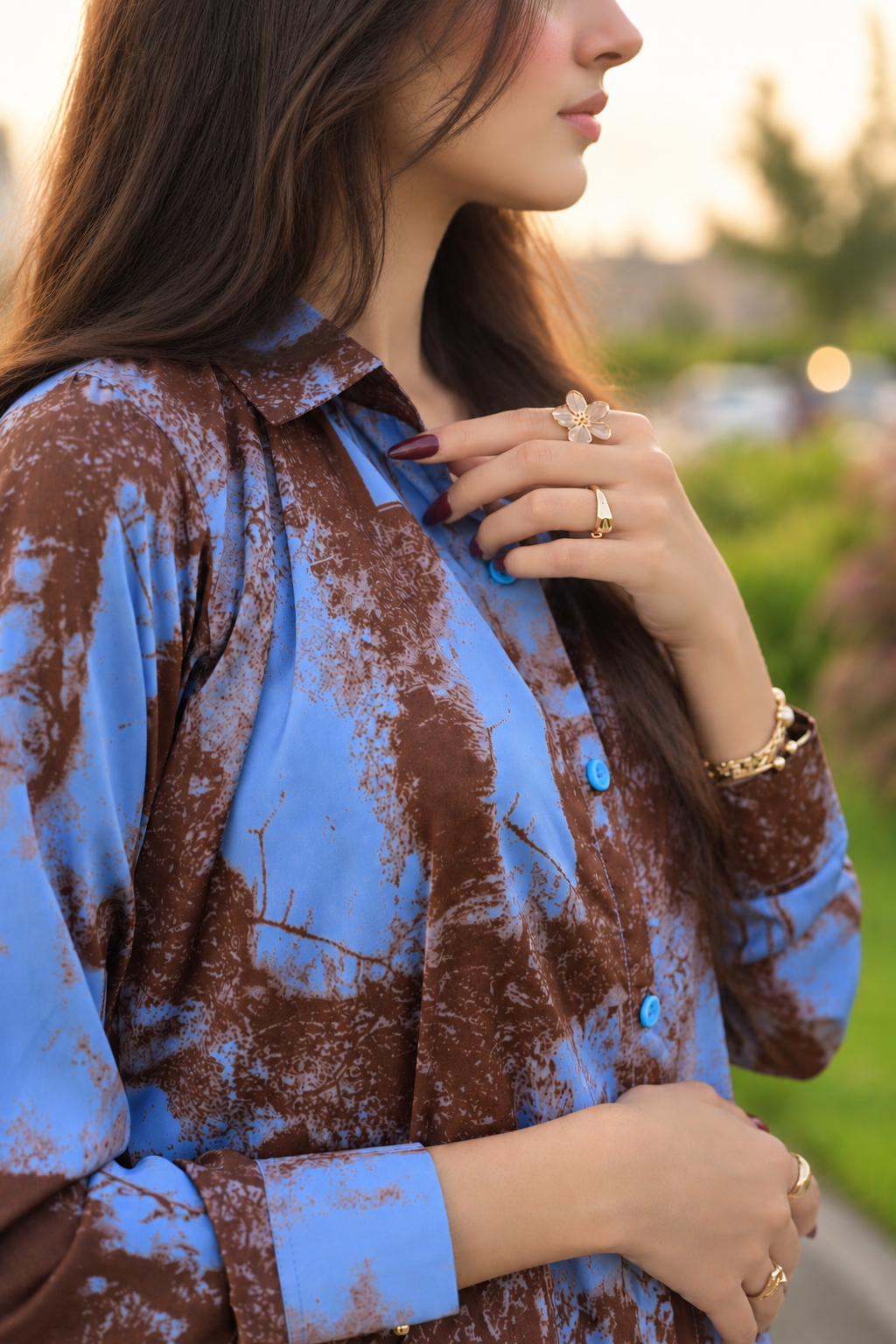 Blue & Chocolate Brown Printed Silk - 2 Piece & 3 Piece Ready to wear Silk Suit