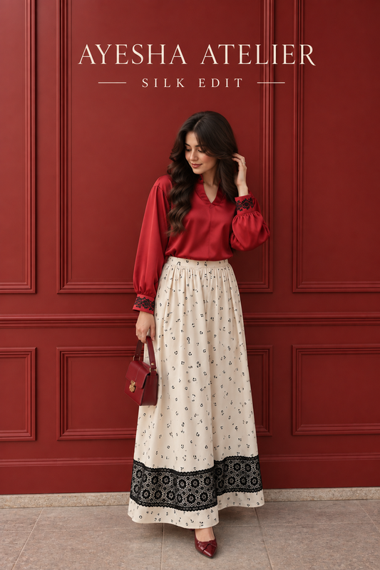 Red Silk Shirt with Skirt & Lace Border - 2 Piece Ready to wear Silk Suit