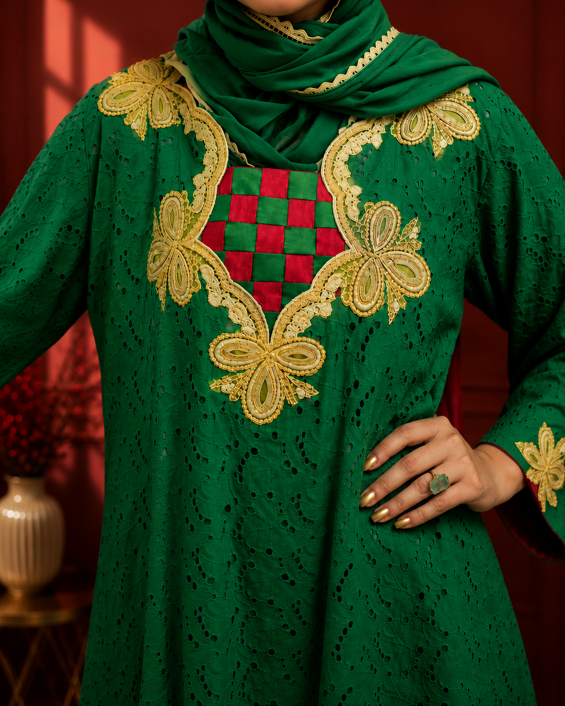 Green Appliqué Embroidered  - 3 Piece Ready to wear Lawn Suit
