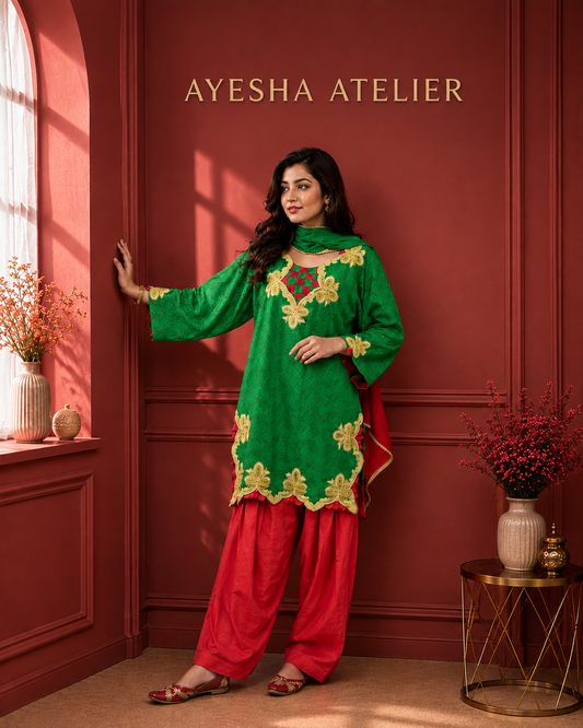 Green Appliqué Embroidered  - 3 Piece Ready to wear Lawn Suit