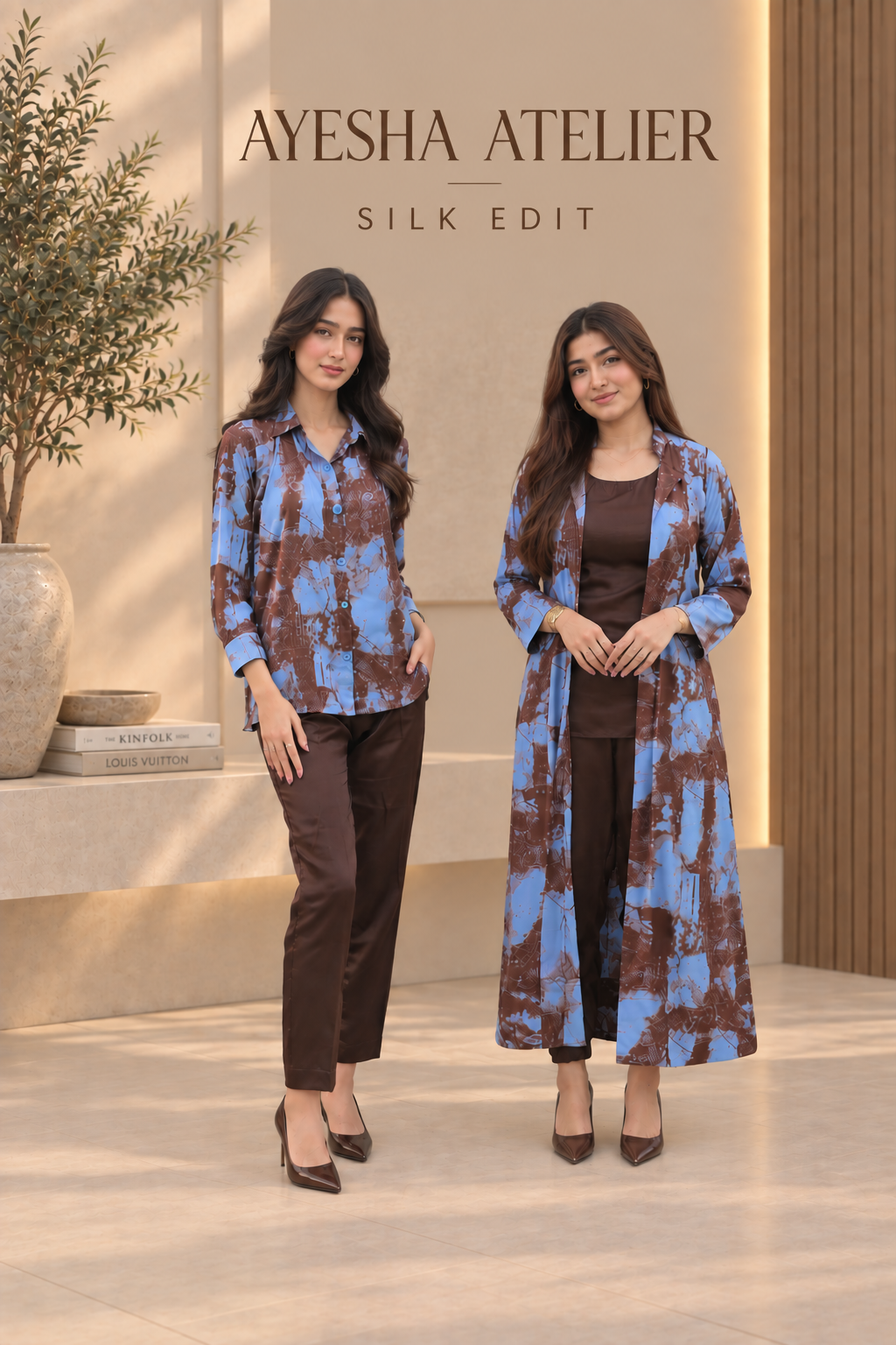 Blue & Chocolate Brown Printed Silk - 2 Piece & 3 Piece Ready to wear Silk Suit