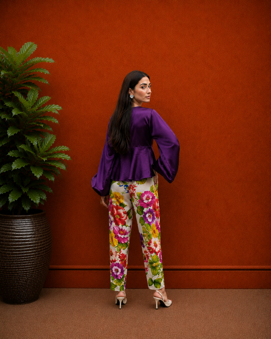 Purple Silk Frock with Printed Silk Trouser - 2 Piece Ready to wear Silk Suit