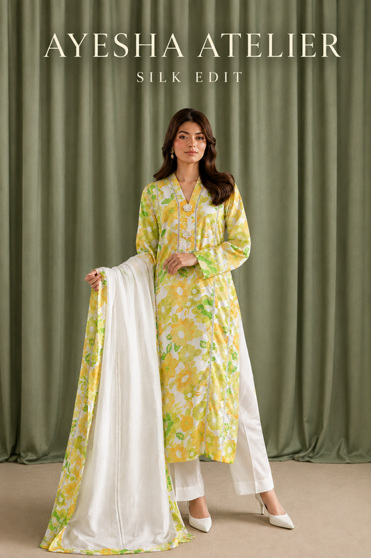 Floral Printed - 3 Piece Ready to wear Silk Suit