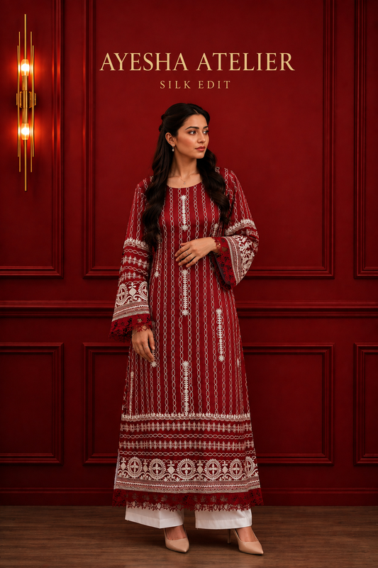 Deep Red Premium Embroidered - 2 Piece Ready to wear Silk Suit