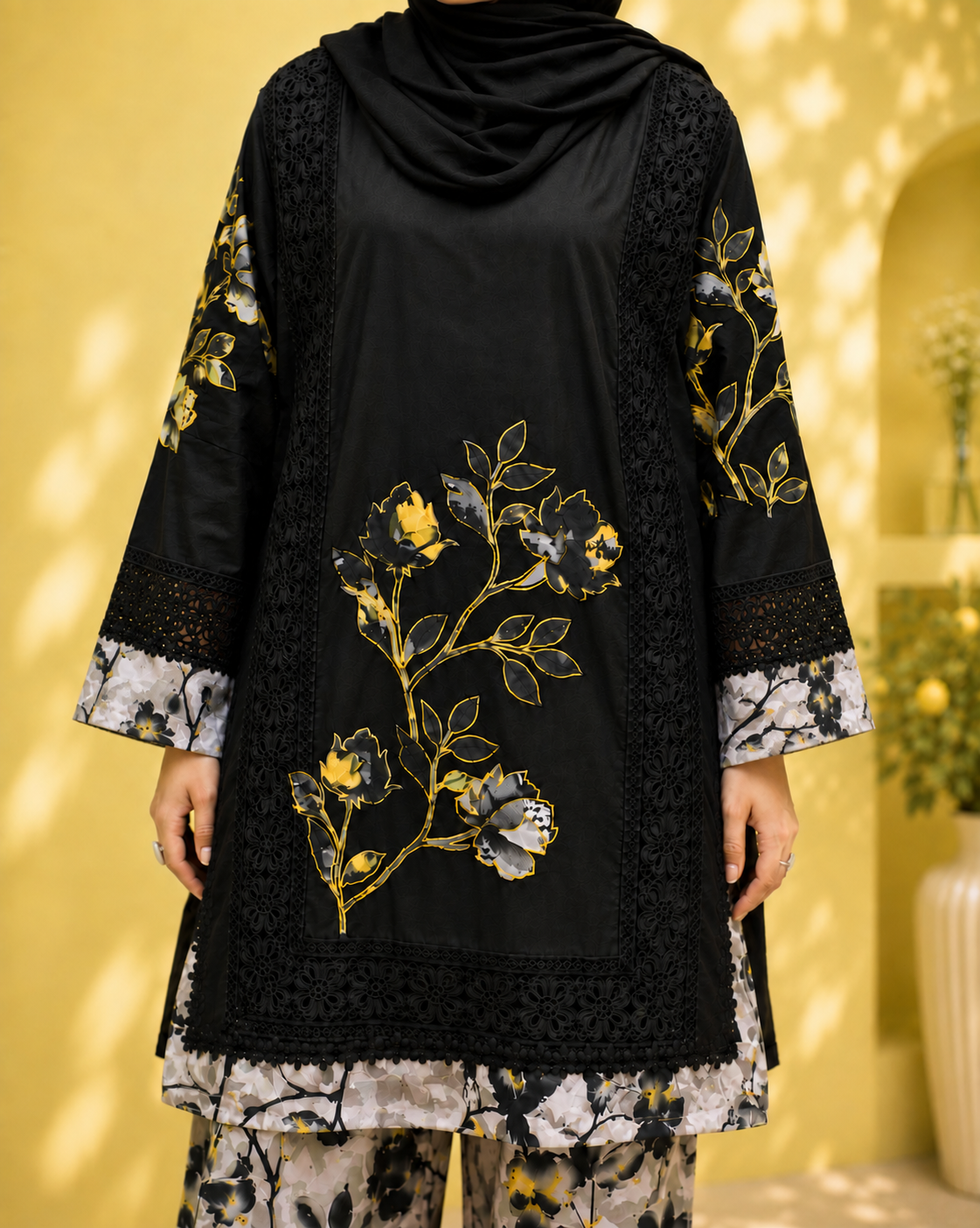Black Floral - 3 Piece Ready to wear Lawn Suit