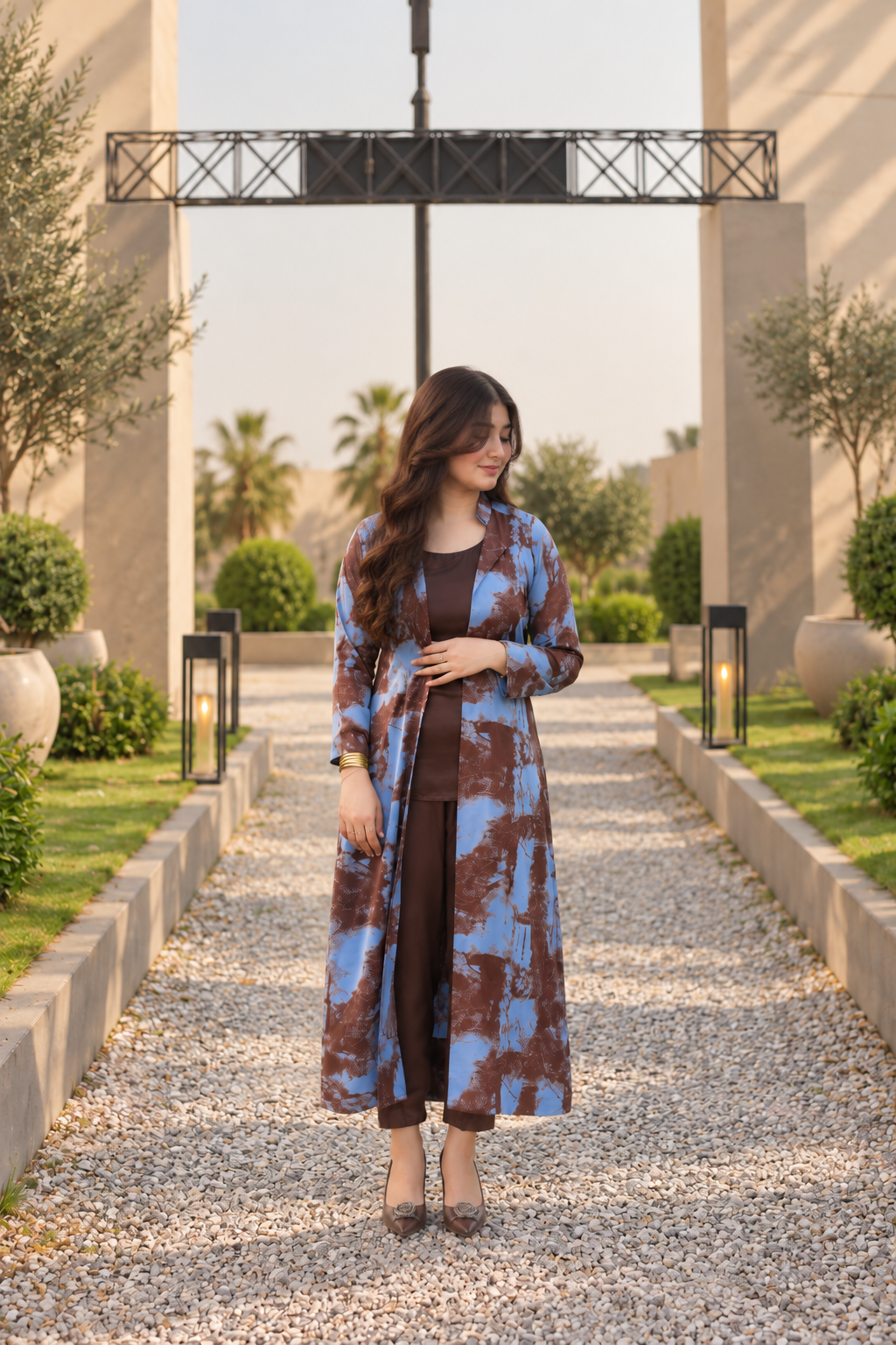Blue & Chocolate Brown Printed Silk - 2 Piece & 3 Piece Ready to wear Silk Suit
