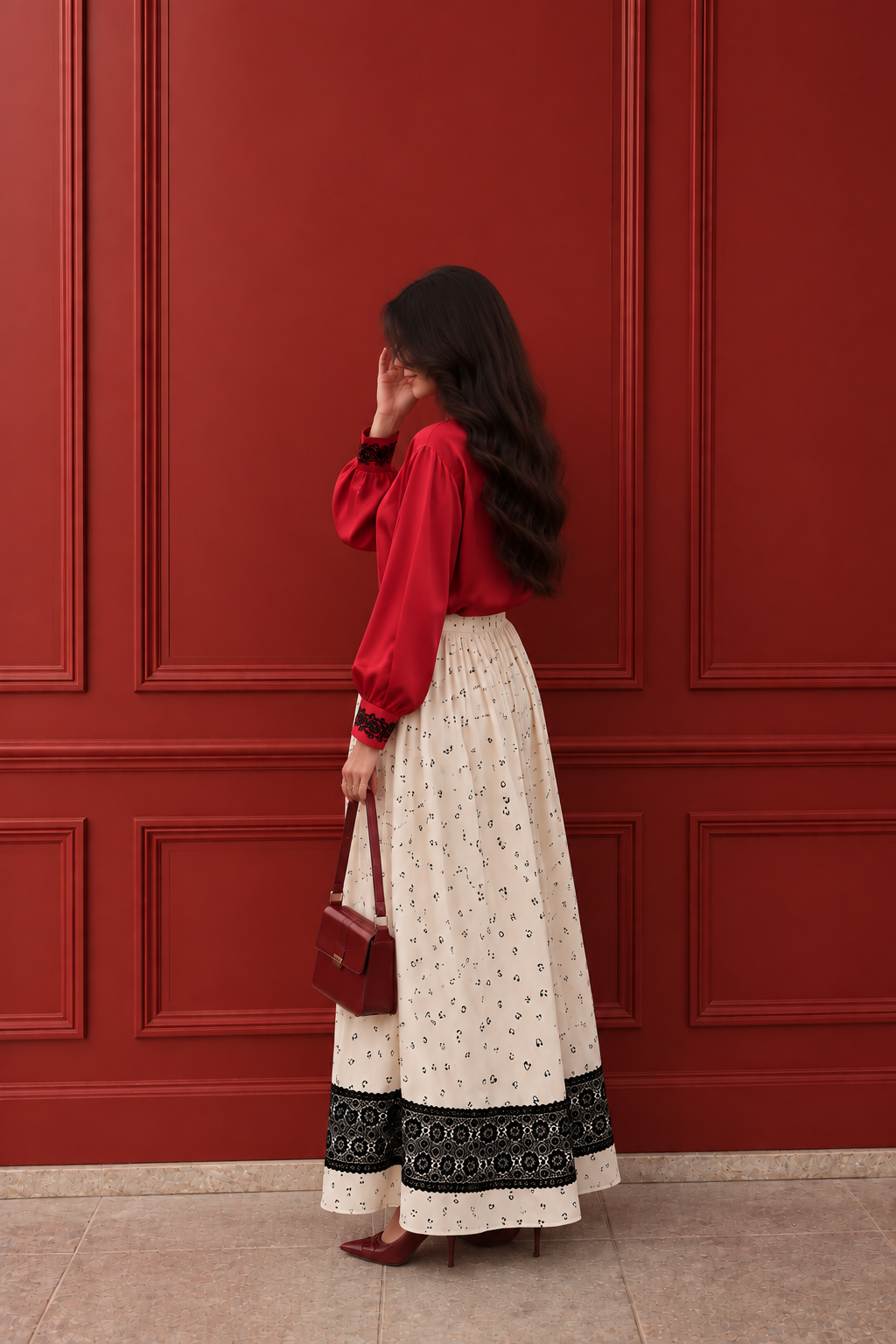 Red Silk Shirt with Skirt & Lace Border - 2 Piece Ready to wear Silk Suit