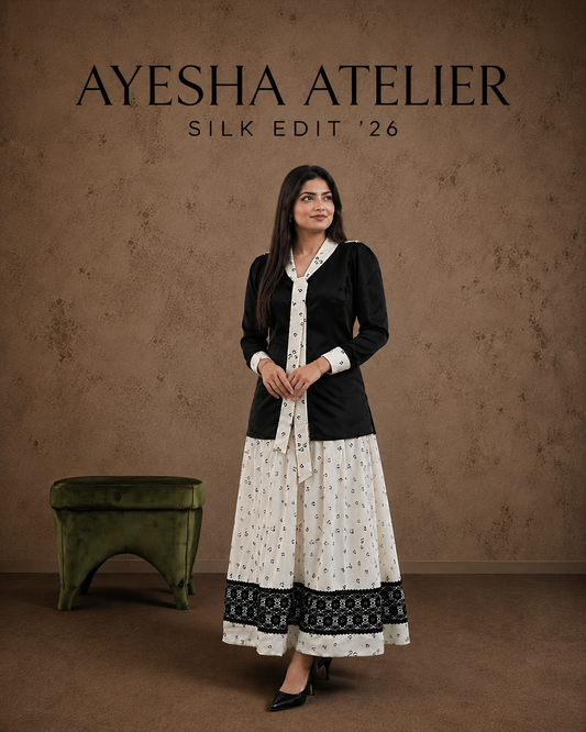 Black & White Silk Shirt with Skirt & Lace Border - 2 Piece Ready to wear Silk Suit