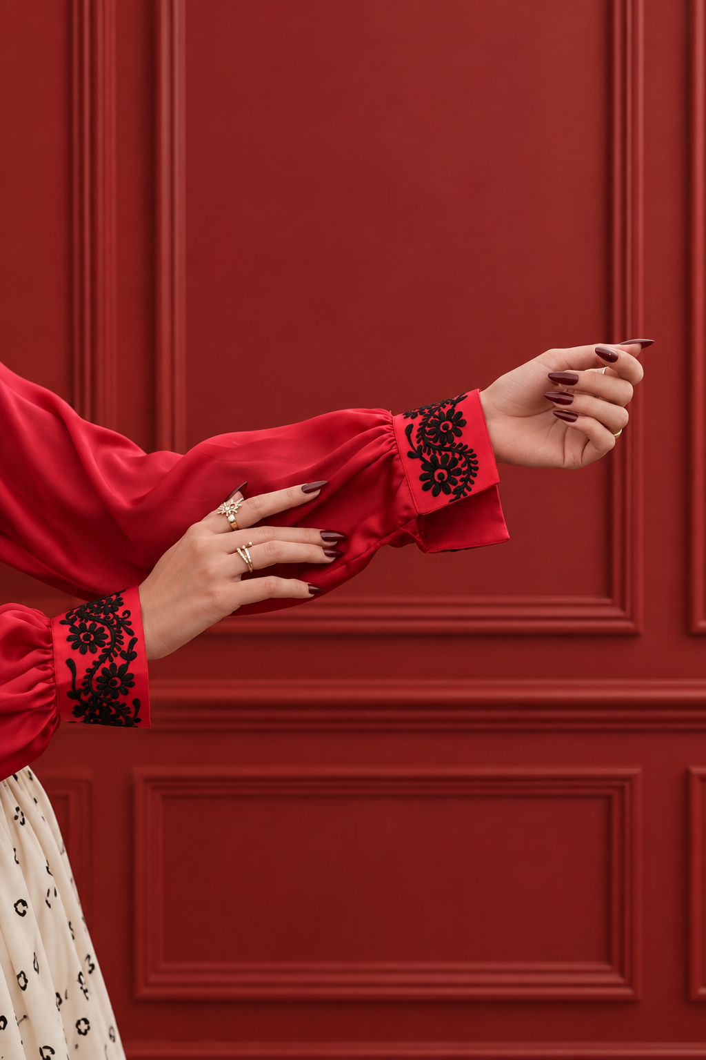 Red Silk Shirt with Skirt & Lace Border - 2 Piece Ready to wear Silk Suit
