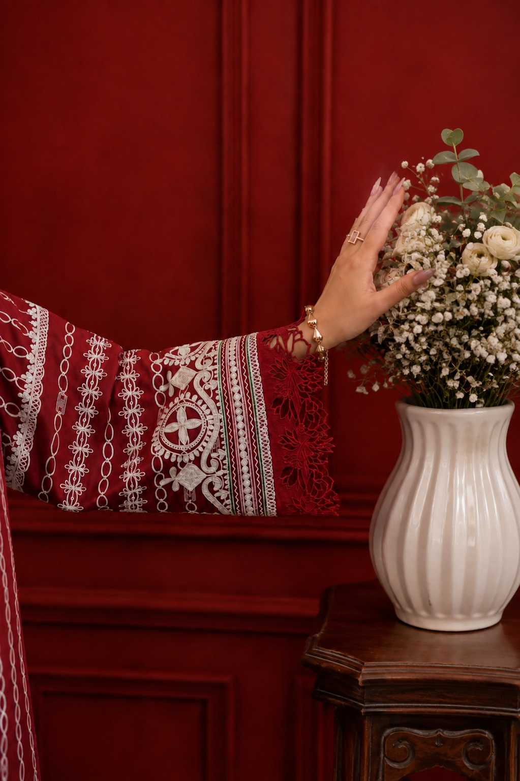 Deep Red Premium Embroidered - 2 Piece Ready to wear Silk Suit