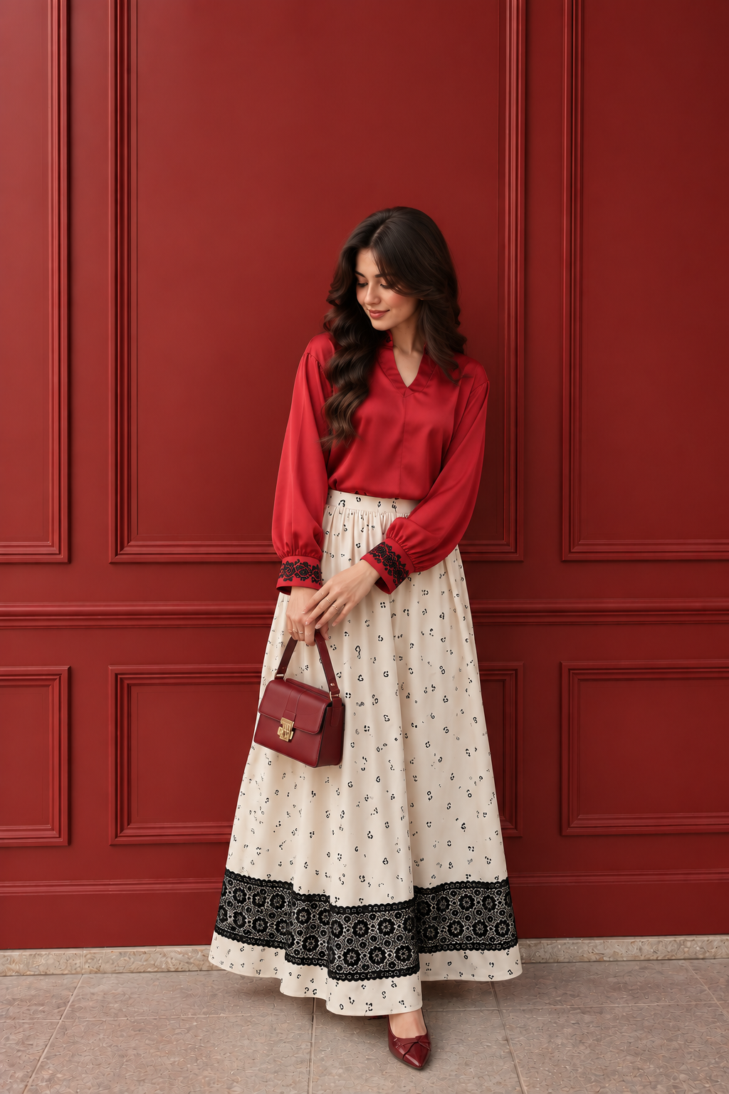 Red Silk Shirt with Skirt & Lace Border - 2 Piece Ready to wear Silk Suit