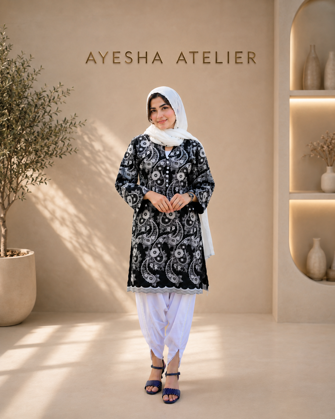 Black & White Floral Embroidered - 3 Piece Ready to wear Lawn Suit