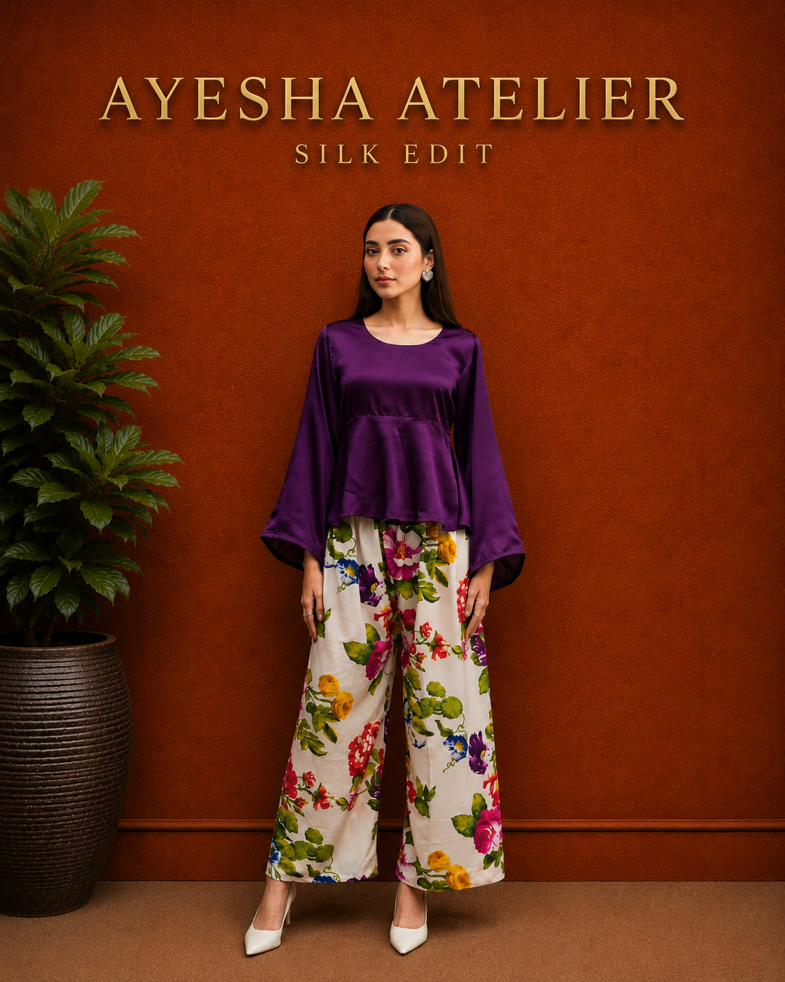 Purple Silk Frock with Printed Silk Trouser - 2 Piece Ready to wear Silk Suit