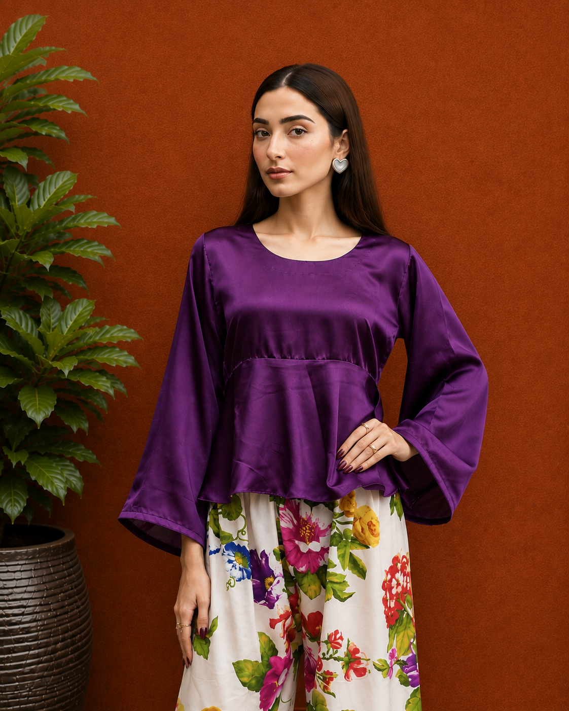 Purple Silk Frock with Printed Silk Trouser - 2 Piece Ready to wear Silk Suit